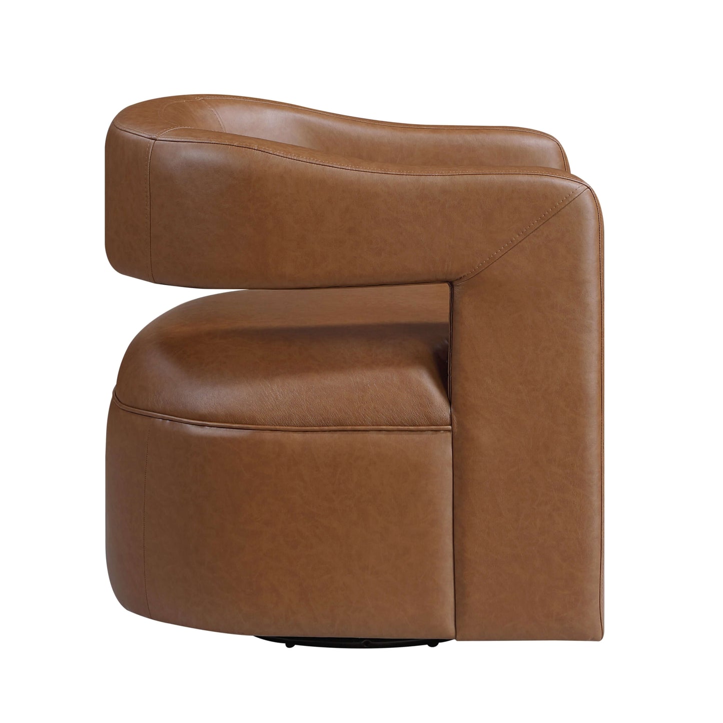 MCM Faux Leather Swivel Chair – Modern Barrel Accent Chair (2 Colors) in camel-tone faux leather from the side view.