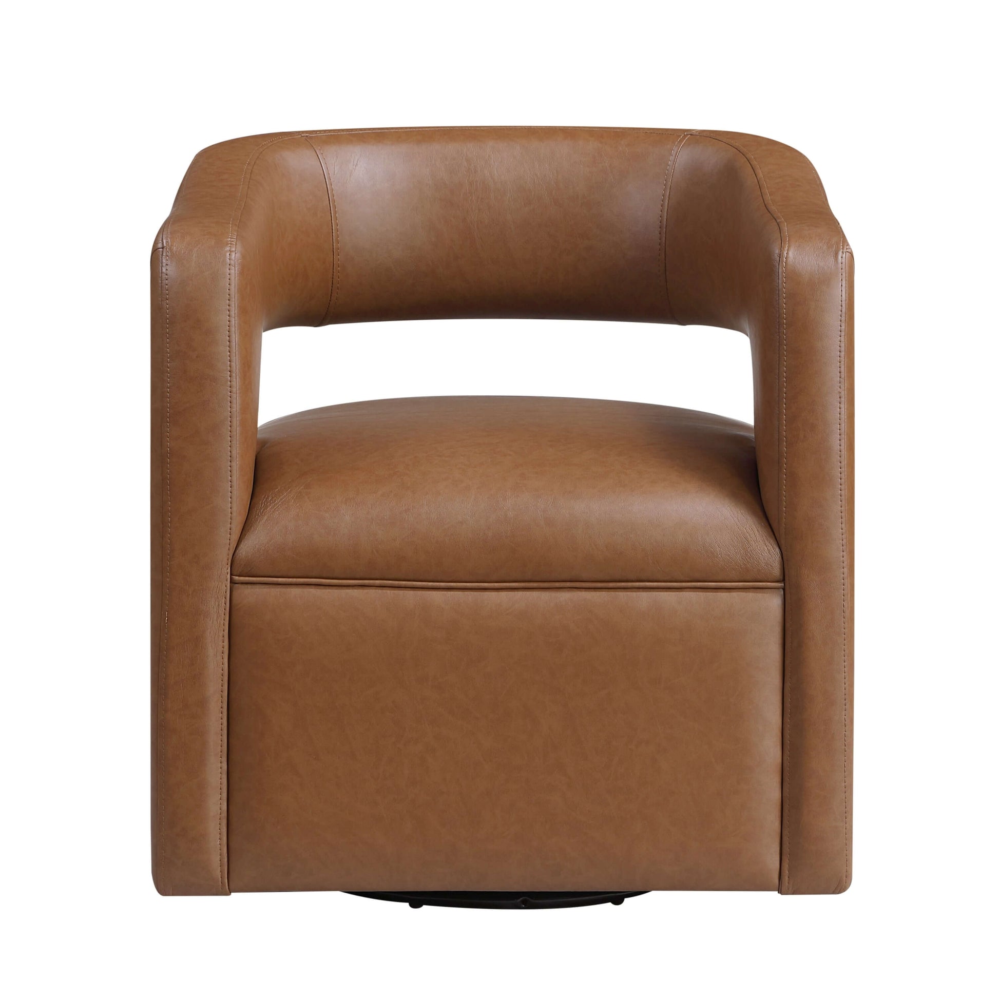 MCM Faux Leather Swivel Chair – Modern Barrel Accent Chair (2 Colors) in camel-tone faux leather.