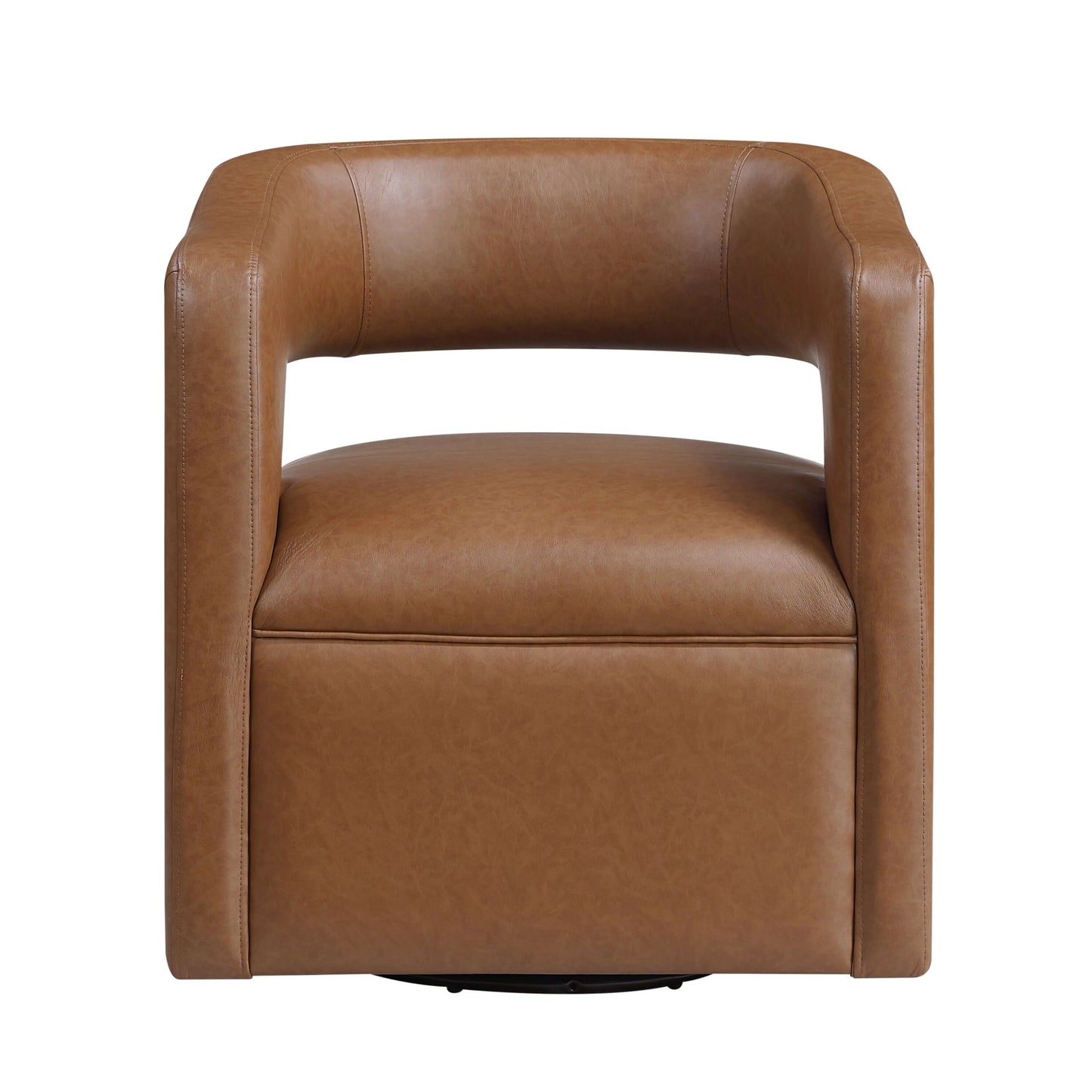 MCM Faux Leather Swivel Chair – Modern Barrel Accent Chair (2 Colors) in camel-tone faux leather.