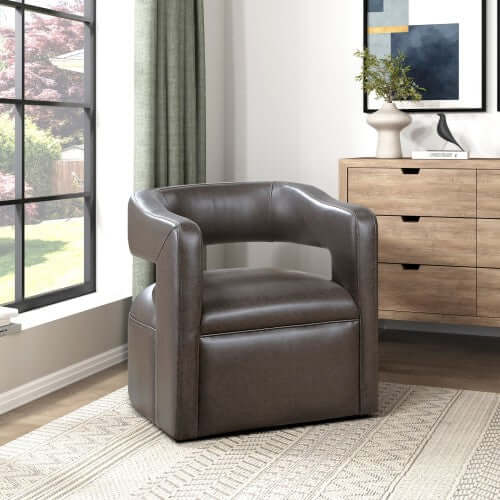 MCM Faux Leather Swivel Chair – Modern Barrel Accent Chair (2 Colors) in a stylish living room setting.
