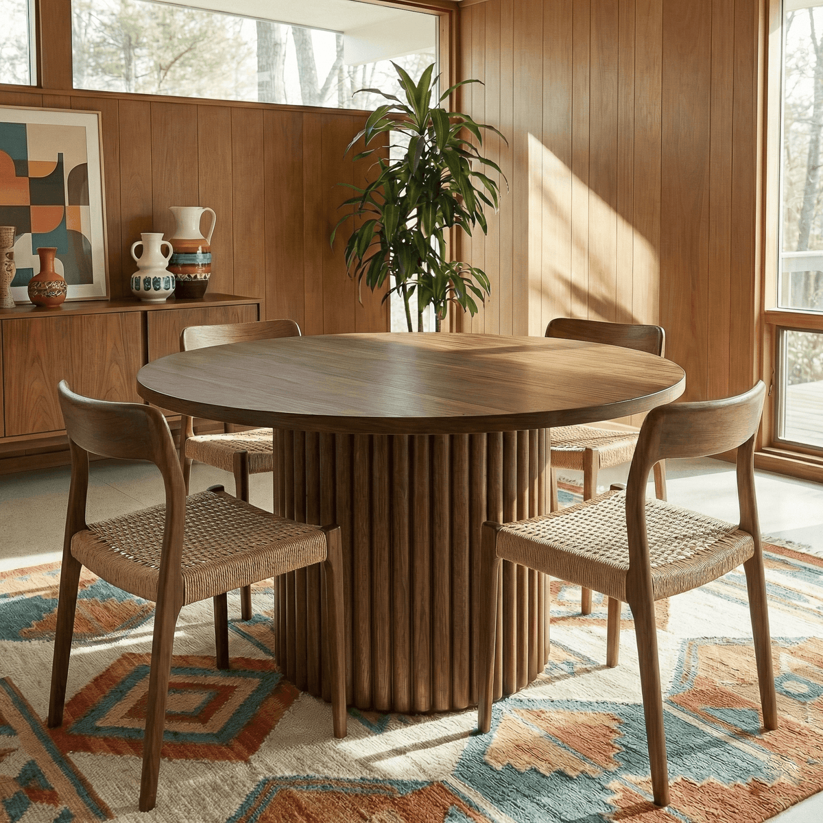Merlin 35" Solid Wood Round Dining Table in Walnut with Ribbed Pedestal Base, surrounded by four woven chairs in a cozy dining room.