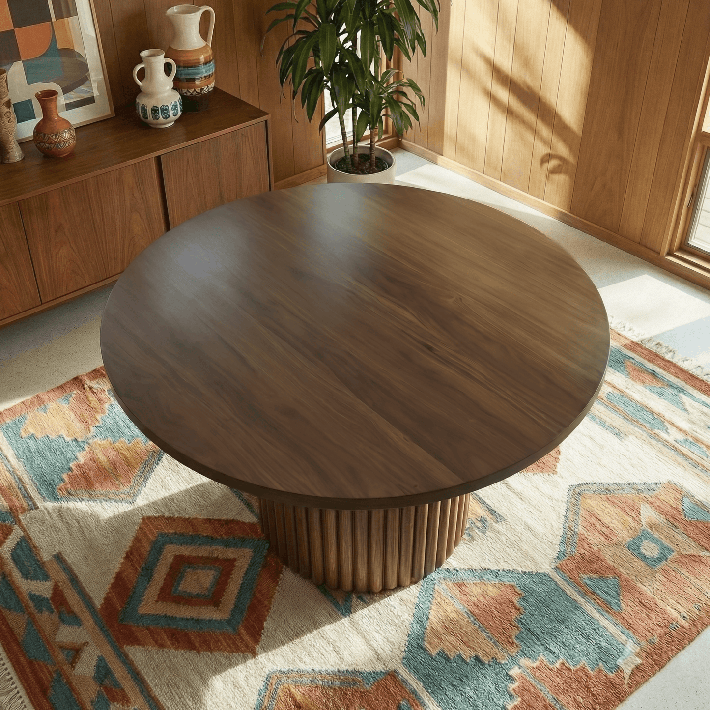 Merlin 35" Solid Wood Round Dining Table in Walnut with Ribbed Pedestal Base on a decorative rug.