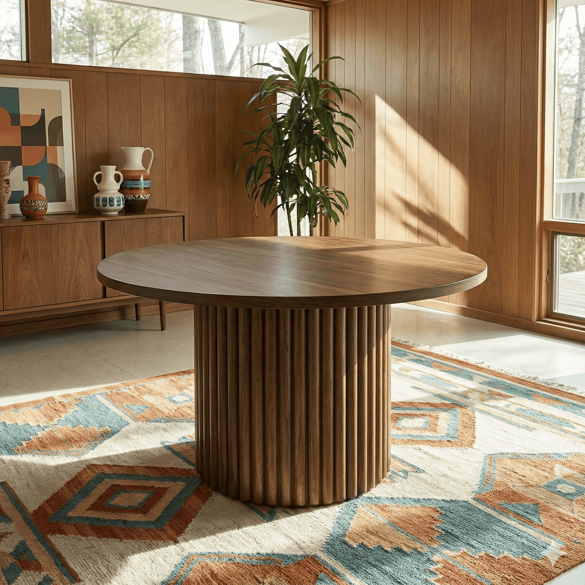 Merlin 35" Solid Wood Round Dining Table in Walnut with Ribbed Pedestal Base showcased in a modern interior.