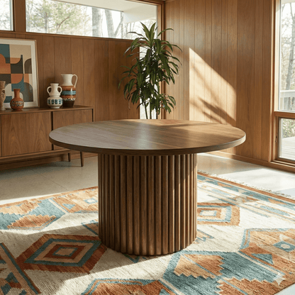 Merlin 35" Solid Wood Round Dining Table in Walnut with Ribbed Pedestal Base showcased in a modern interior.