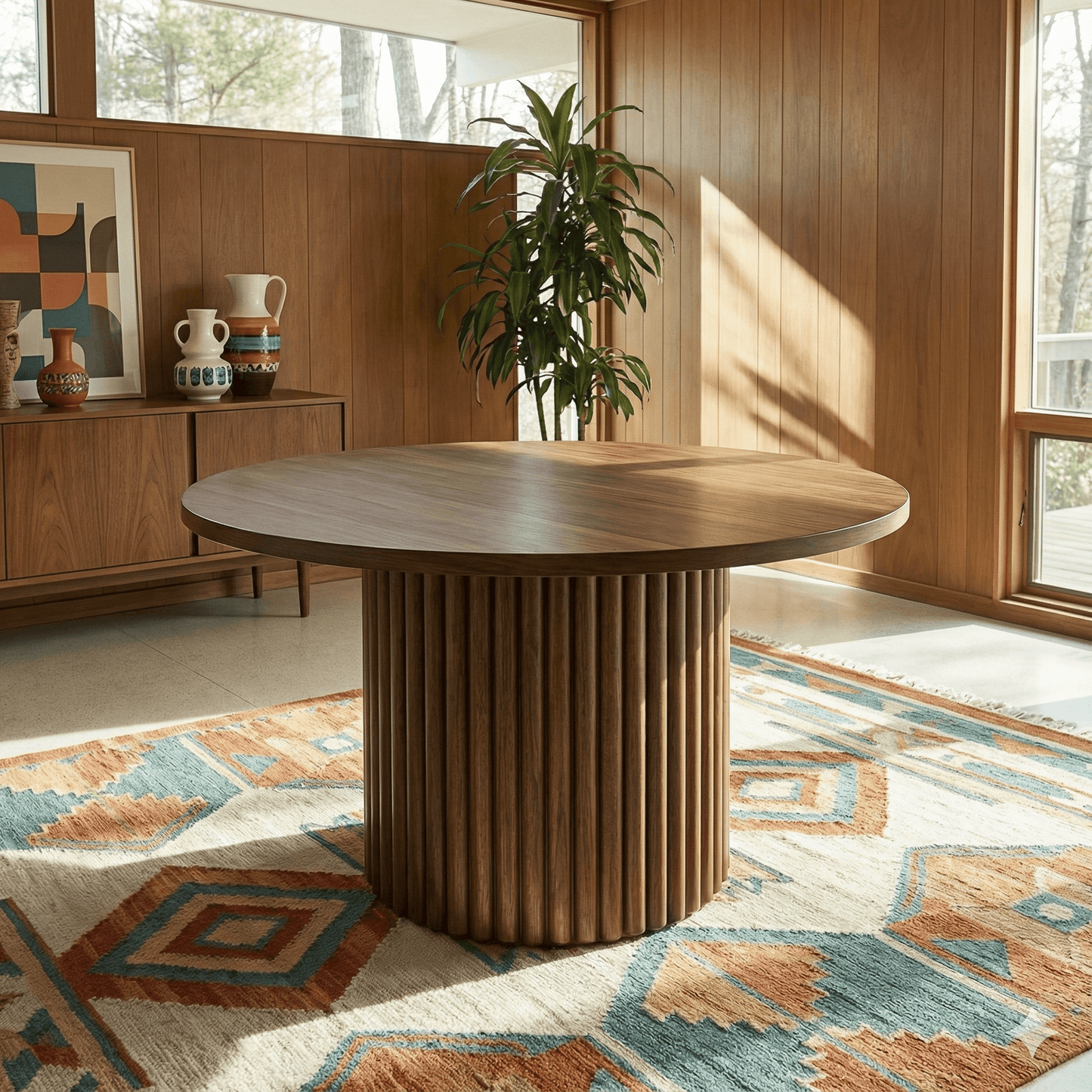Merlin 35" Solid Wood Round Dining Table in Walnut with Ribbed Pedestal Base showcased in a modern interior.