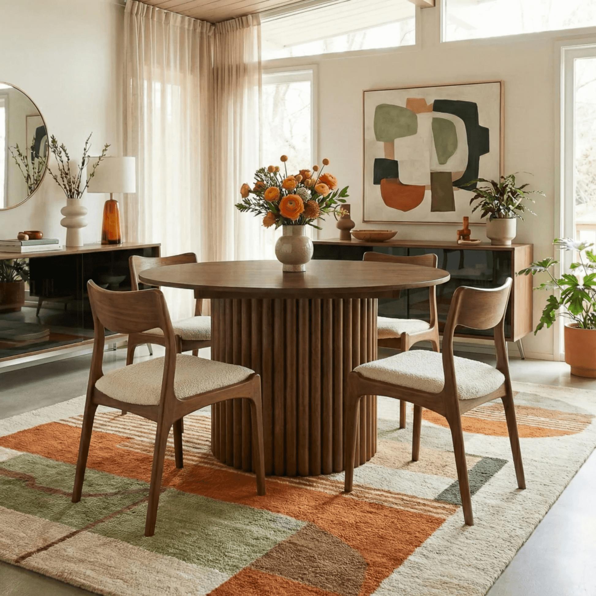Merlin 35" Solid Wood Round Dining Table in Walnut with Ribbed Pedestal Base surrounded by stylish chairs and decor.