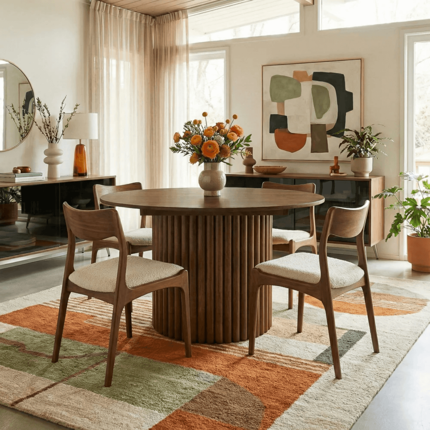 Merlin 35" Solid Wood Round Dining Table in Walnut with Ribbed Pedestal Base surrounded by stylish chairs and decor.