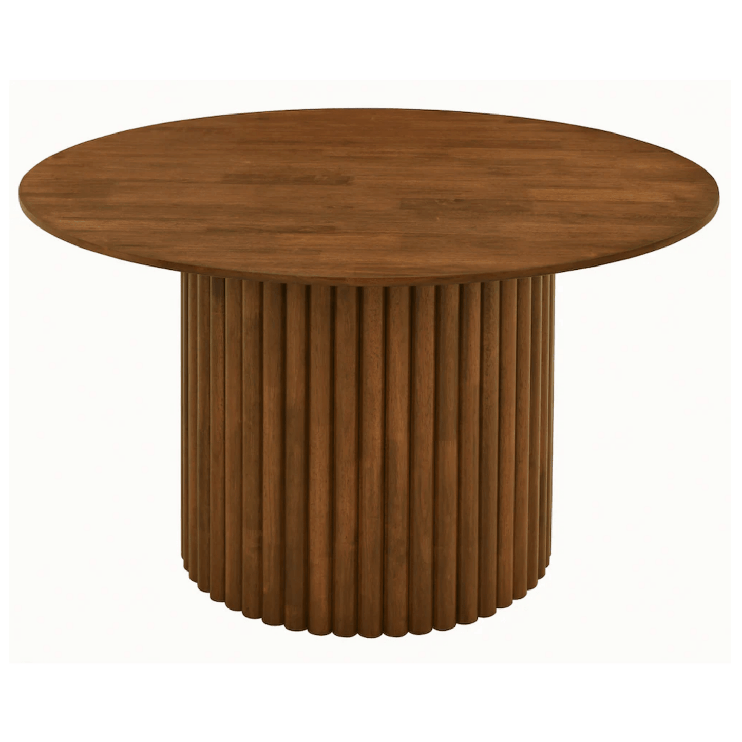 Merlin 35" Solid Wood Round Dining Table in Walnut with Ribbed Pedestal Base showcasing sculptural design and wood craftsmanship.