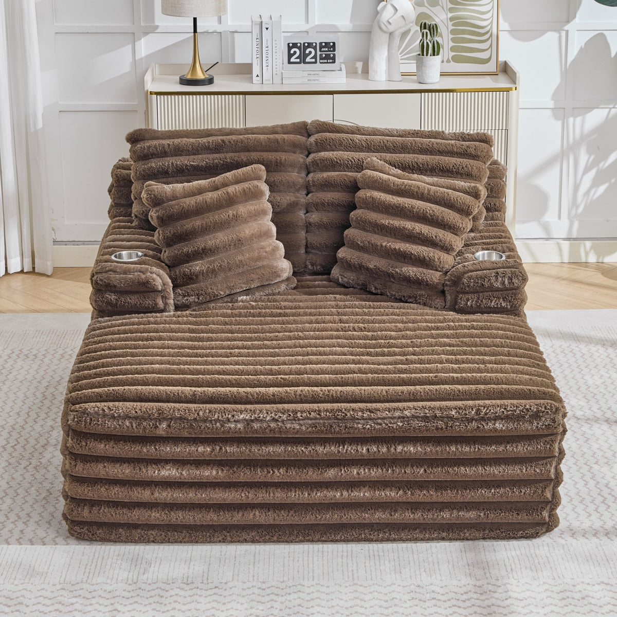 Merrow Oversized Chaise Lounge Chair – Brown Corduroy, Built-In Cup Holders – view 11