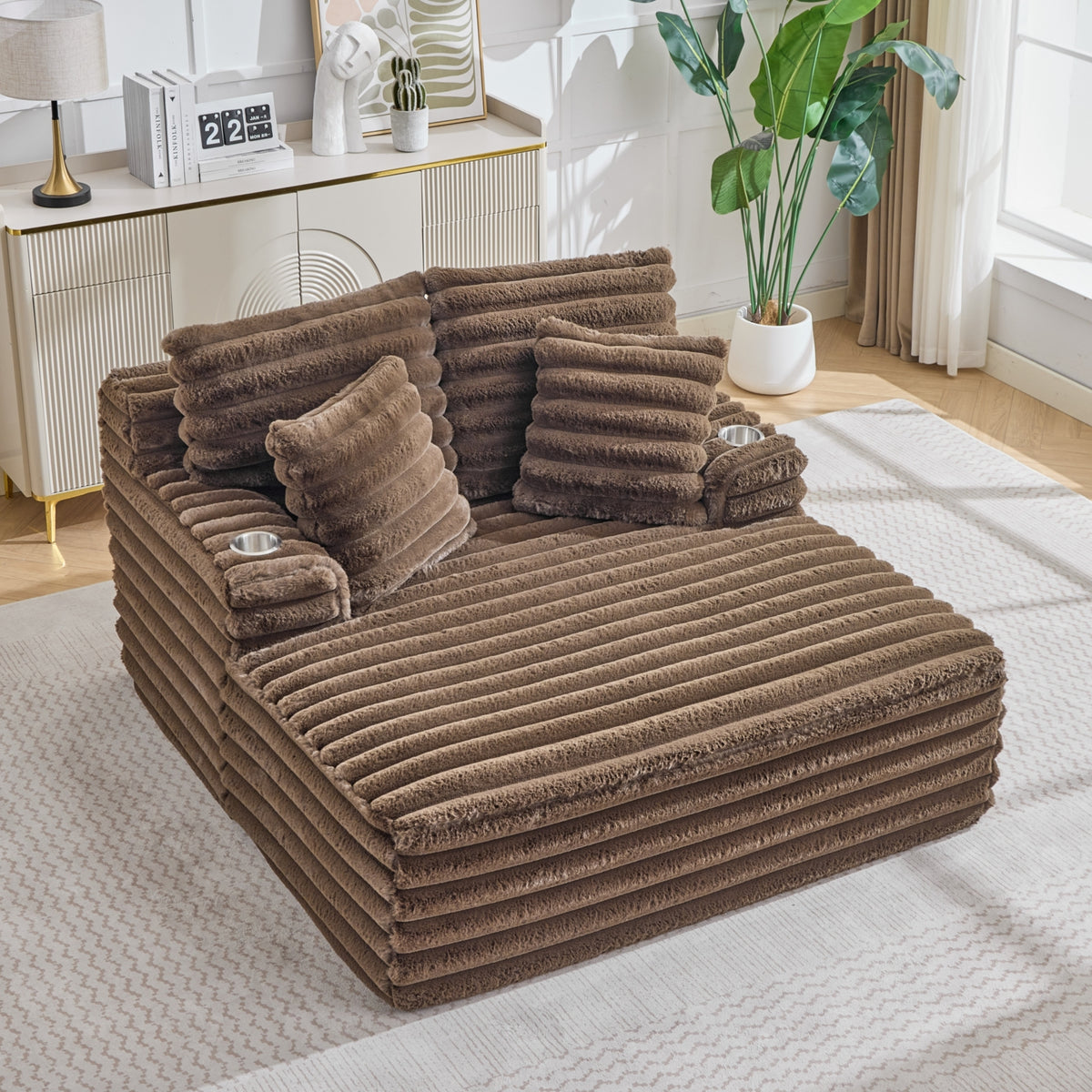 Merrow Oversized Chaise Lounge Chair – Brown Corduroy, Built-In Cup Holders – view 2