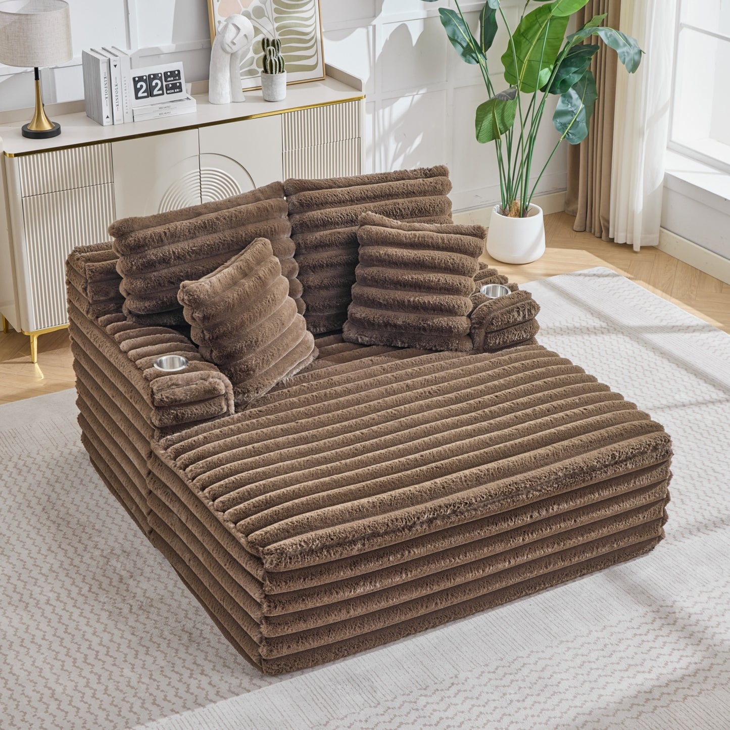 Merrow Oversized Chaise Lounge Chair – Brown Corduroy, Built-In Cup Holders – view 2
