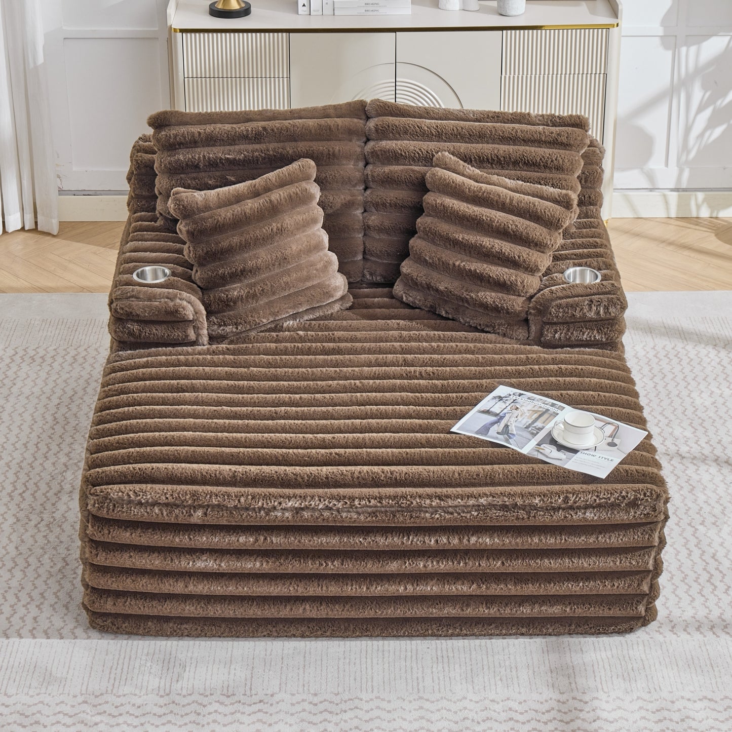 Merrow Oversized Chaise Lounge Chair – Brown Corduroy, Built-In Cup Holders – view 3
