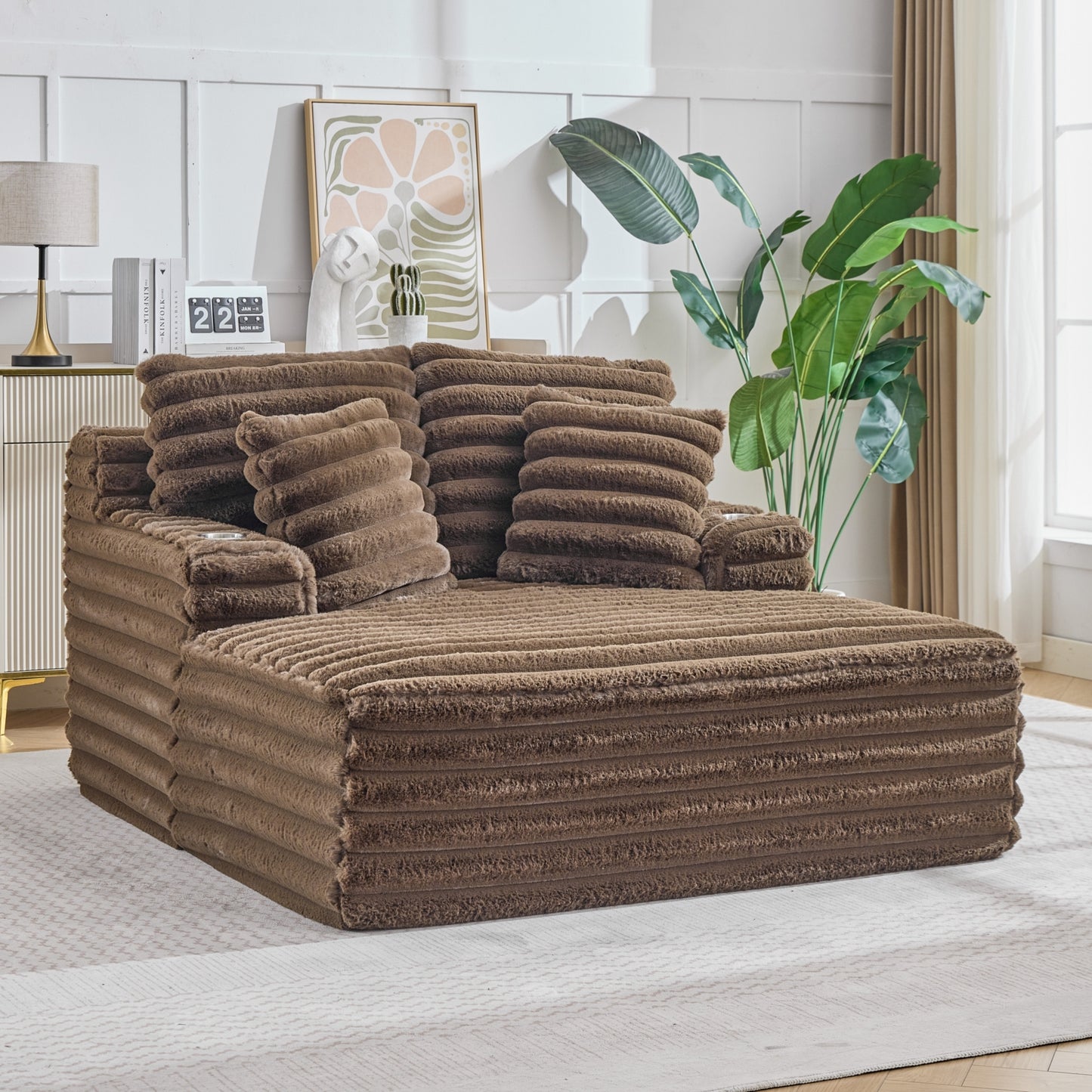 Merrow Oversized Chaise Lounge Chair – Brown Corduroy, Built-In Cup Holders – view 4