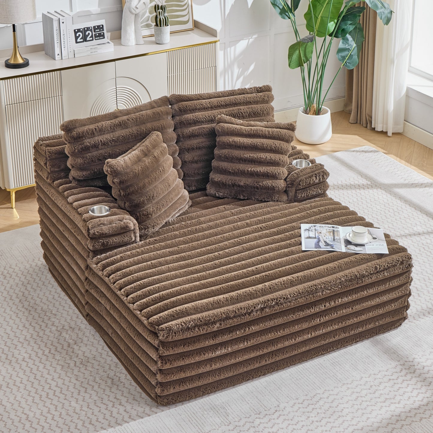 Merrow Oversized Chaise Lounge Chair – Brown Corduroy, Built-In Cup Holders – view 5