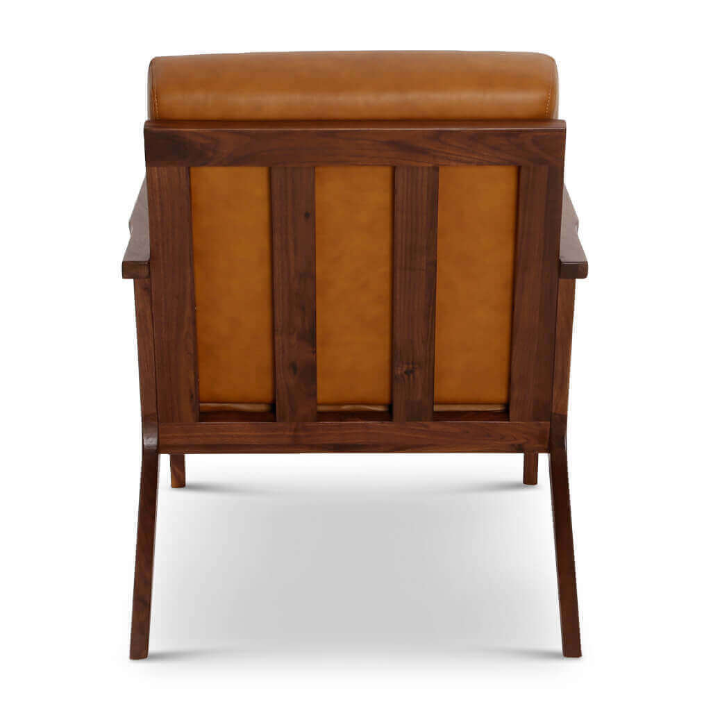 Mid-Century Modern Brown Genuine Leather Accent Chair – Solid Walnut Frame - Back view showcasing walnut frame and leather upholstery.
