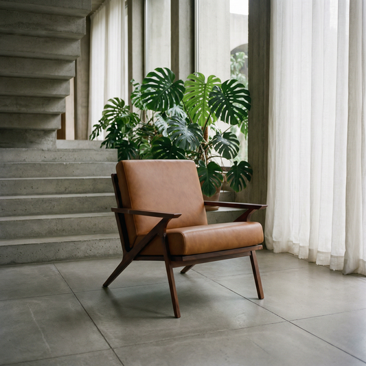 Mid-Century Modern Brown Genuine Leather Accent Chair