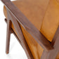Mid-Century Modern Brown Genuine Leather Accent Chair – Solid Walnut Frame close-up of armrest and leather upholstery