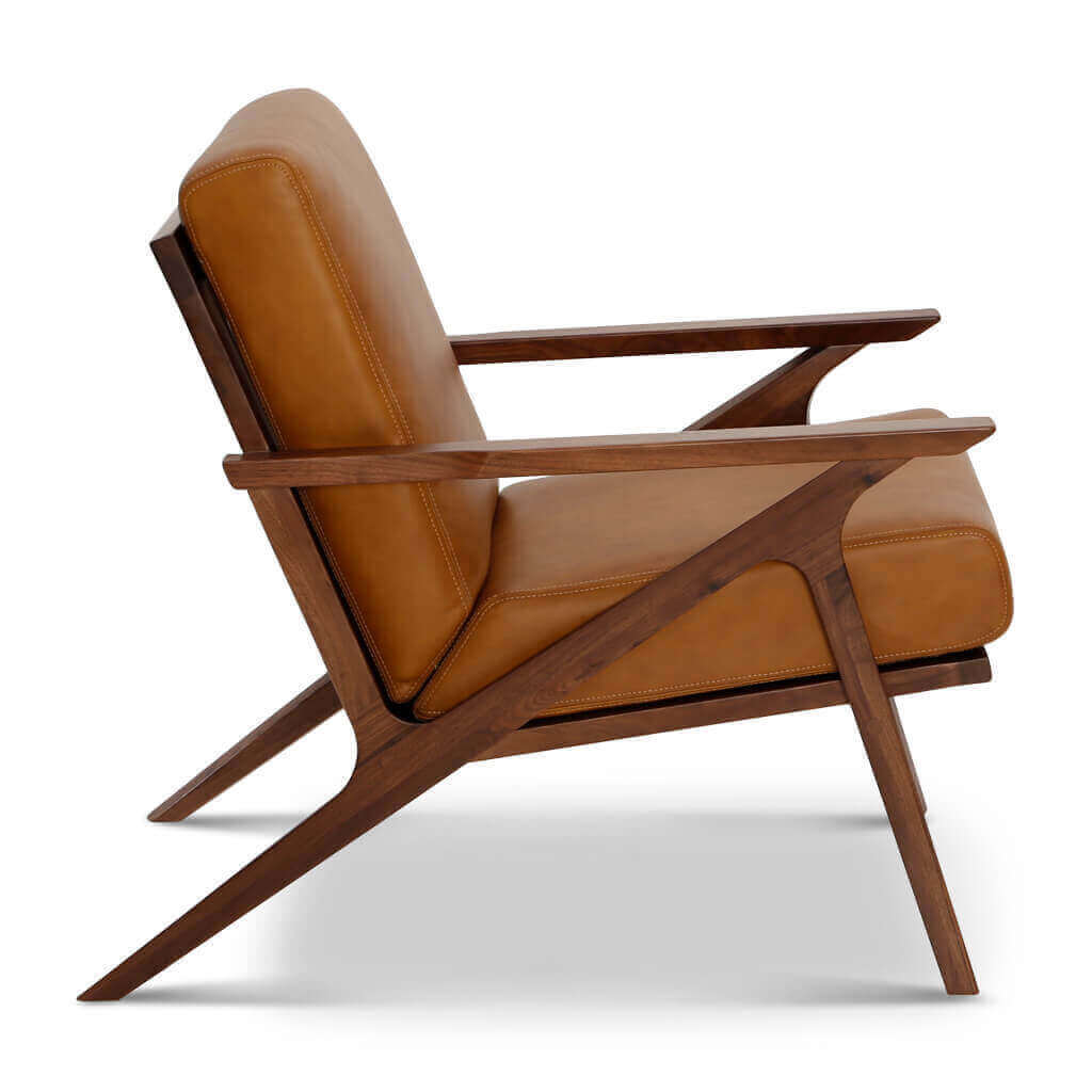 Mid-Century Modern Brown Genuine Leather Accent Chair – Solid Walnut Frame side view showcasing its sleek silhouette.