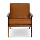 Mid-Century Modern Brown Genuine Leather Accent Chair – Solid Walnut Frame with a minimalist design and comfortable seating.