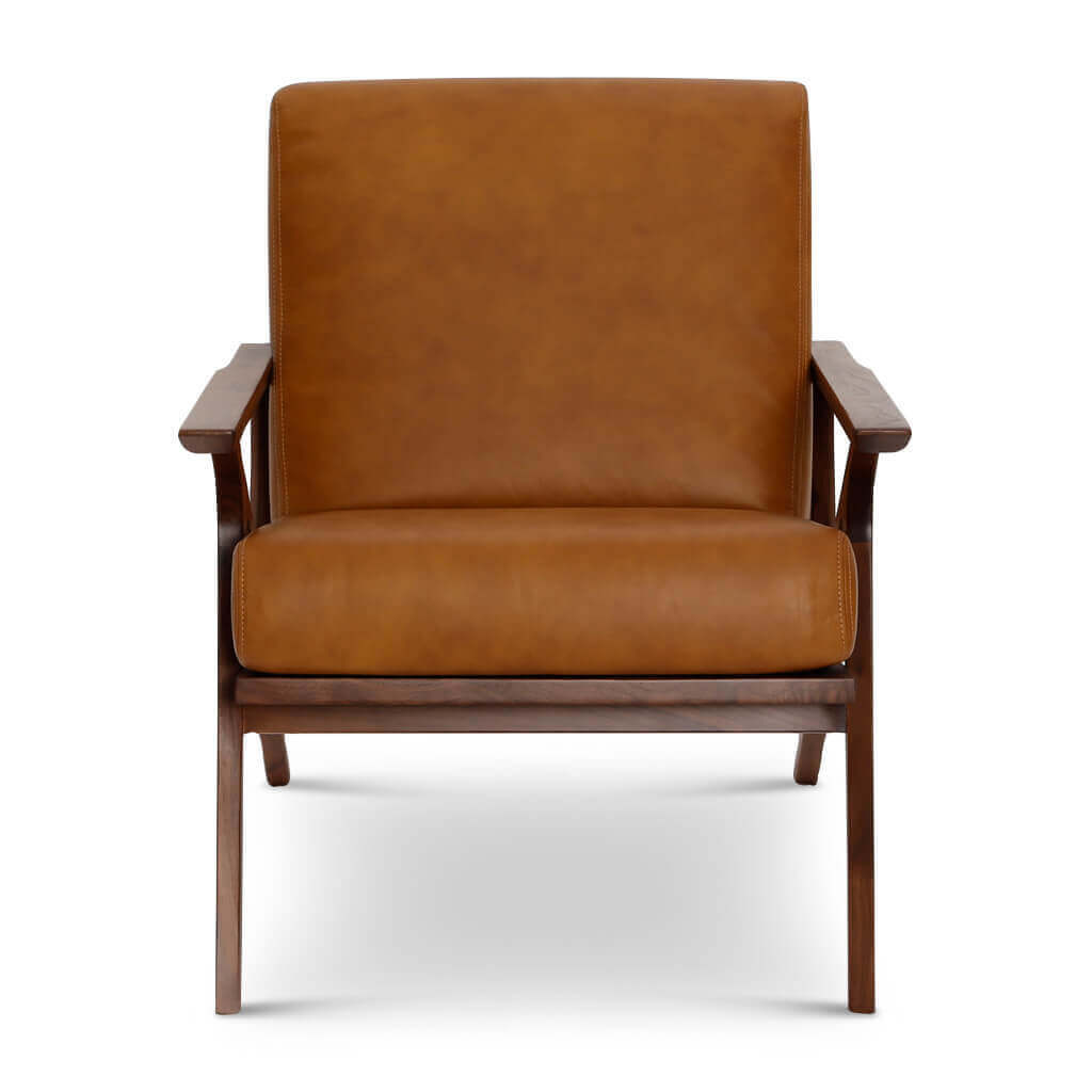 Mid-Century Modern Brown Genuine Leather Accent Chair – Solid Walnut Frame with a minimalist design and comfortable seating.