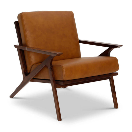 Mid-Century Modern Brown Genuine Leather Accent Chair – Solid Walnut Frame with angled profile and minimalist design.