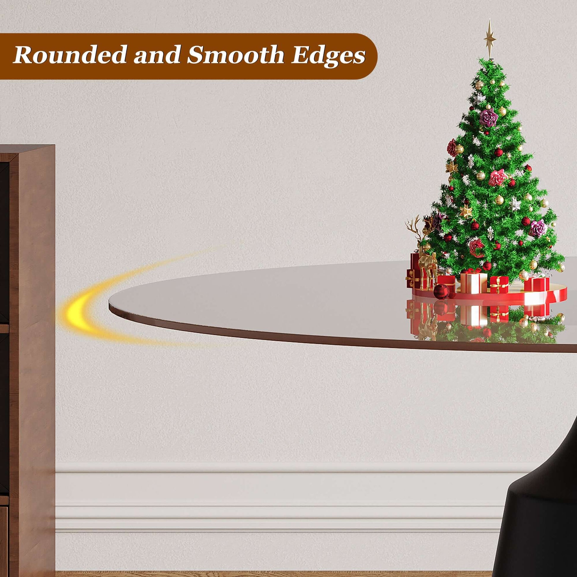 Rounded Mid-Century Modern Dining Table with Glass Top 35" showcasing smooth edges and a Christmas tree decoration.