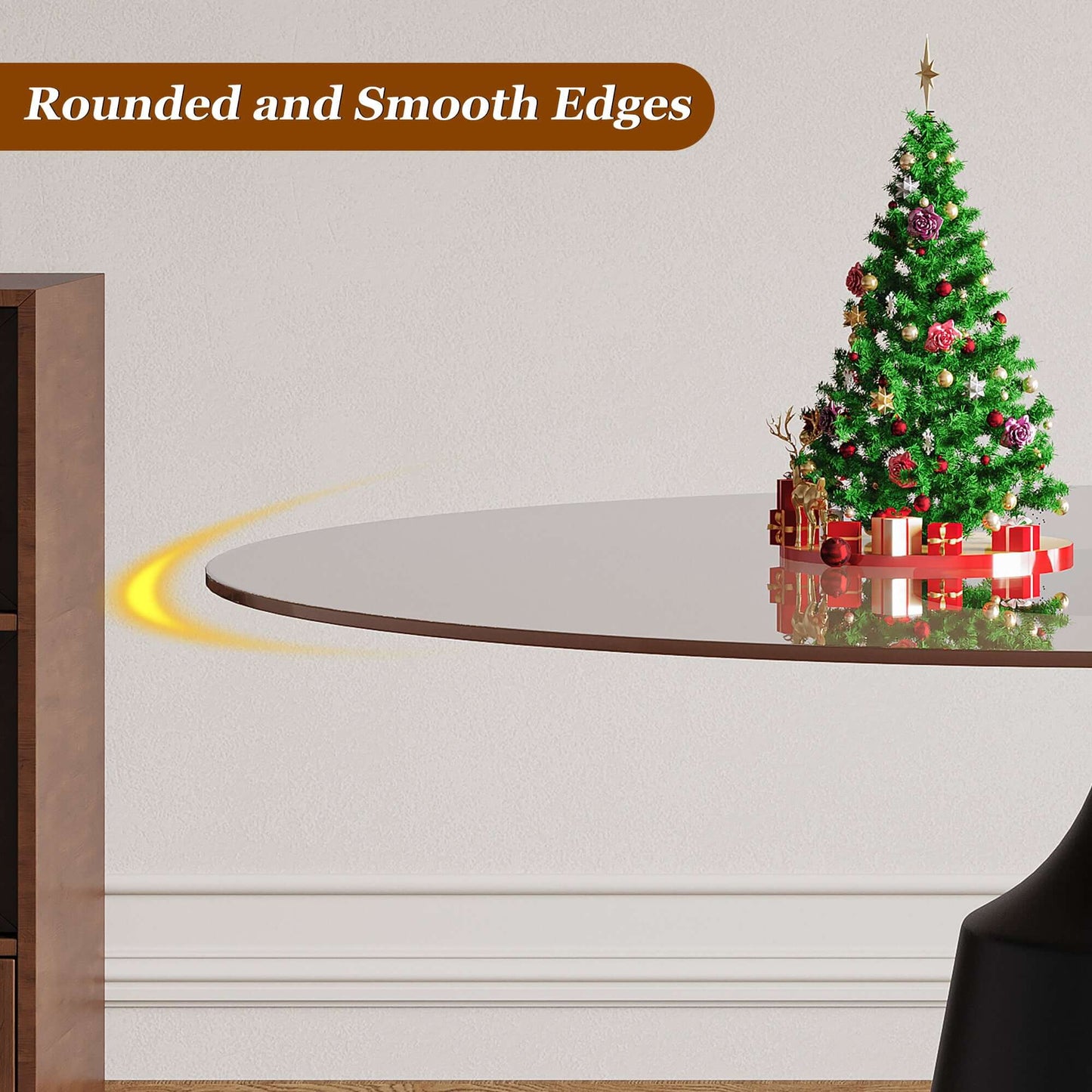 Rounded Mid-Century Modern Dining Table with Glass Top 35" showcasing smooth edges and a Christmas tree decoration.