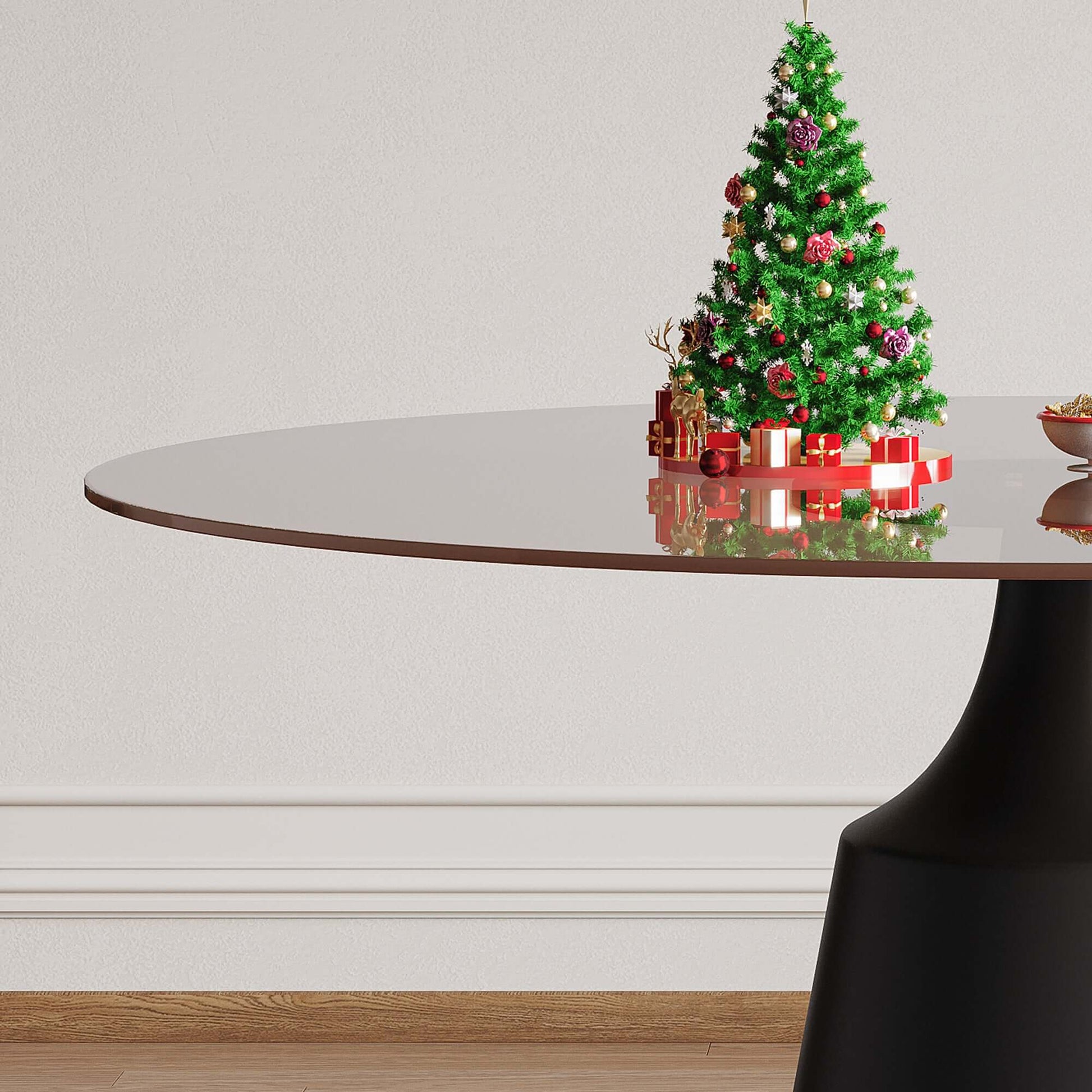 Round Mid-Century Modern Dining Table with Glass Top 35" decorated for Christmas with presents and a small tree.