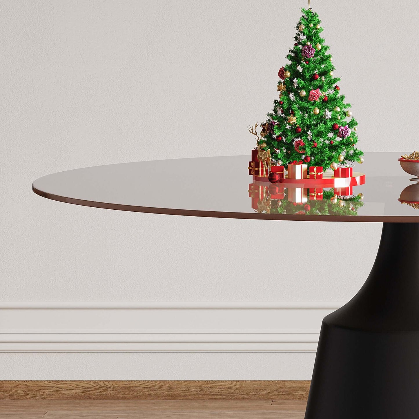 Round Mid-Century Modern Dining Table with Glass Top 35" decorated for Christmas with presents and a small tree.