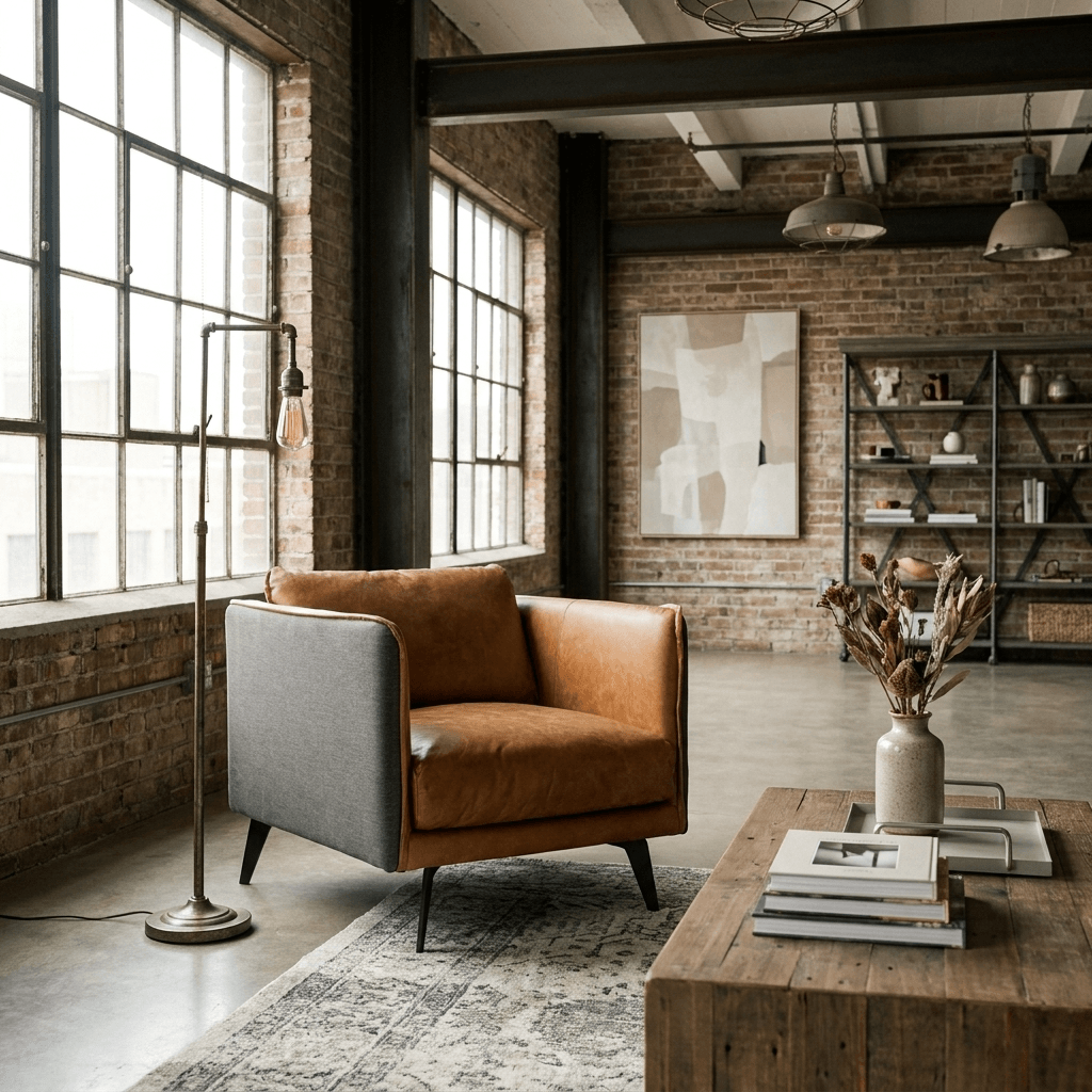 Mid-Century Modern Top-Grain Leather Lounge Chair – Sierra Brown in a stylish interior setting.