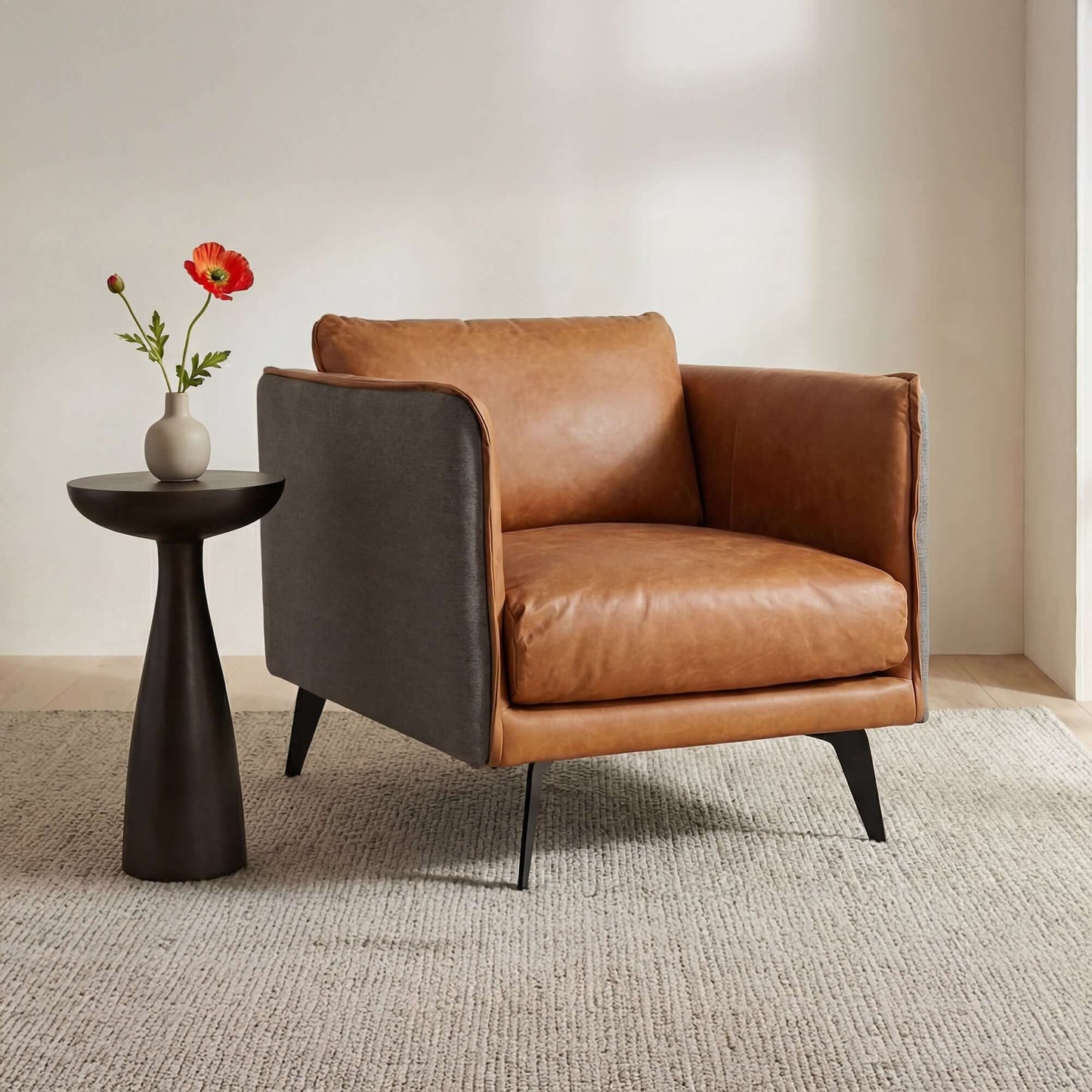 Mid-Century Modern Top-Grain Leather Lounge Chair – Sierra Brown in a stylish living space.