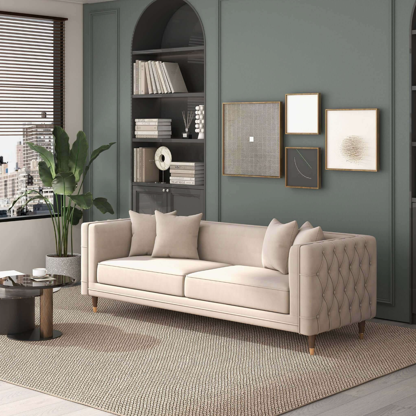 A stylish living room with the Ashcroft Furniture Edward MCM Elegant Tufted Velvet Sofa 90 in beige, four matching pillows, a textured rug, coffee table, large plant, built-in shelves, and wall art on a green accent wall. Sunlight shines through blinds.