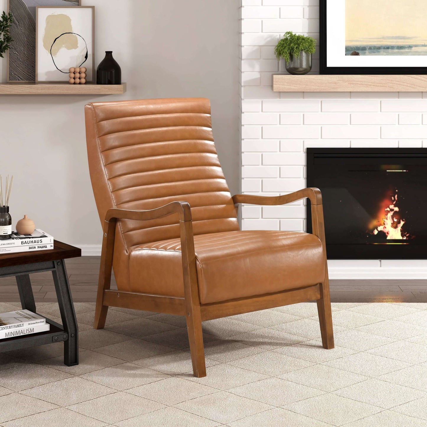 Mid-Century Tufted Faux Leather Accent Armchair – Walnut Wood Frame Chair in a cozy living room setting.