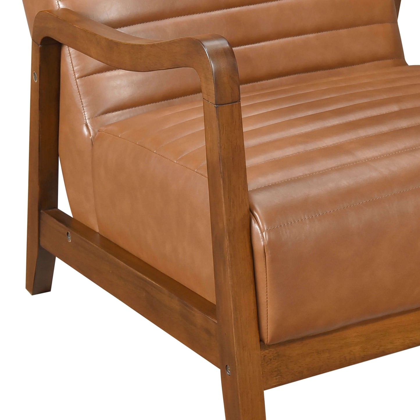 Mid-Century Tufted Faux Leather Accent Armchair – Walnut Wood Frame Chair with channel-tufted faux leather upholstery.