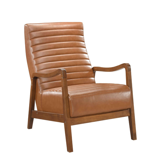 Mid-Century Tufted Faux Leather Accent Armchair – Walnut Wood Frame Chair in brown faux leather and walnut wood.
