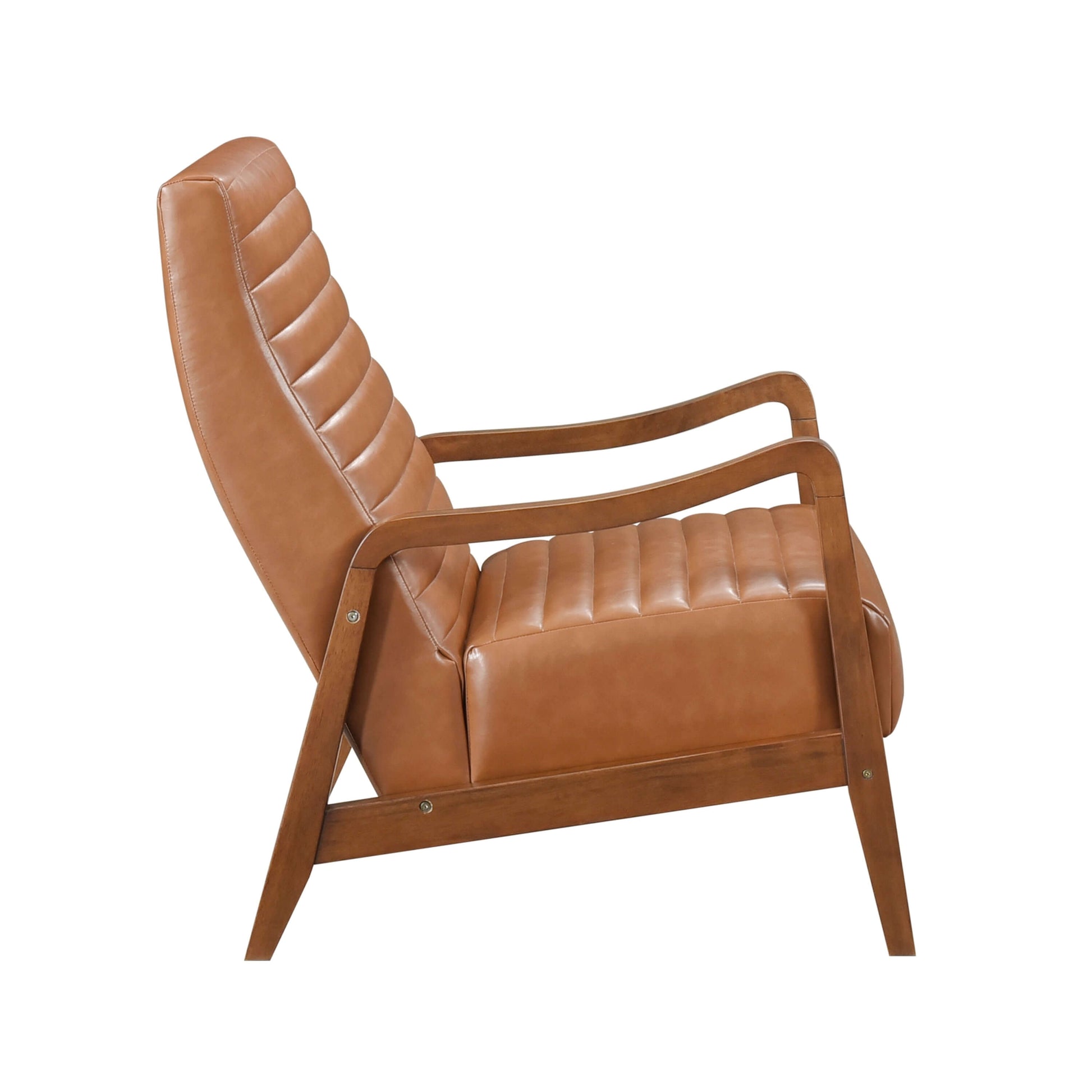 Mid-Century Tufted Faux Leather Accent Armchair – Walnut Wood Frame Chair side view with channel-tufted upholstery.