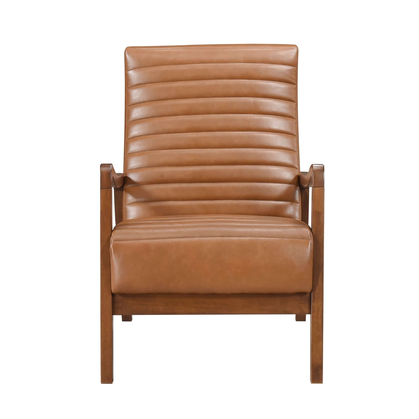 Mid-Century Tufted Faux Leather Accent Armchair – Walnut Wood Frame Chair with channel-tufted design.