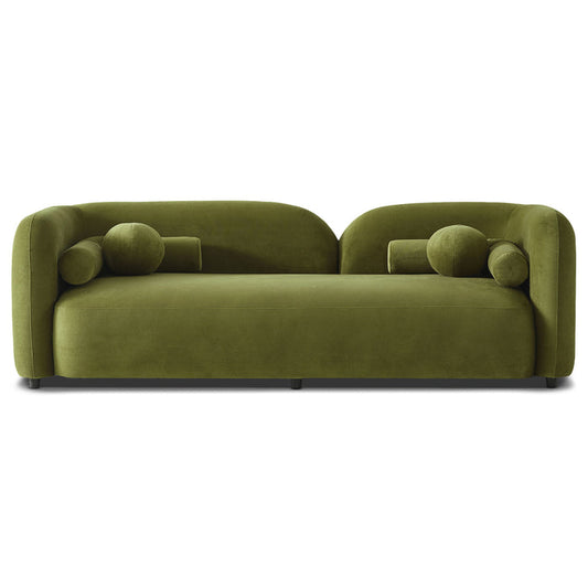 Minimalist Curved Boucle Sofa 93” – Donna Modern Sculptural Couch (3 Colors) in olive green with plush rounded arms.