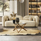 A modern living room featuring the Donna Minimalist Curved Boucle Sofa 93 by Ashcroft Furniture in cream, paired with a glass coffee table with wooden base, decorative vases, beige rug, bookshelf with ambient lighting, and a large sunlit window.