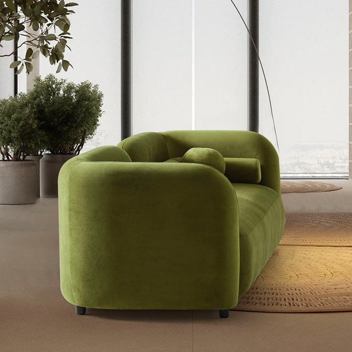 Minimalist Curved Boucle Sofa 93” – Donna Modern Sculptural Couch (3 Colors) in green fabric