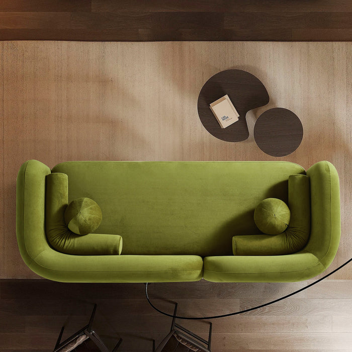 Minimalist Curved Boucle Sofa 93” – Donna Modern Sculptural Couch (3 Colors) in green, with round cushions.