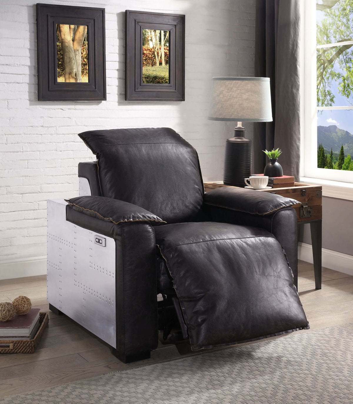 Misezon Top-Grain Leather Aluminum Power Recliner – Industrial Aviator Lounge Chair in a stylish living room setting.