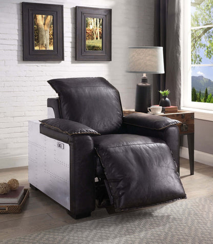 Misezon Top-Grain Leather Aluminum Power Recliner – Industrial Aviator Lounge Chair in a stylish living room setting.