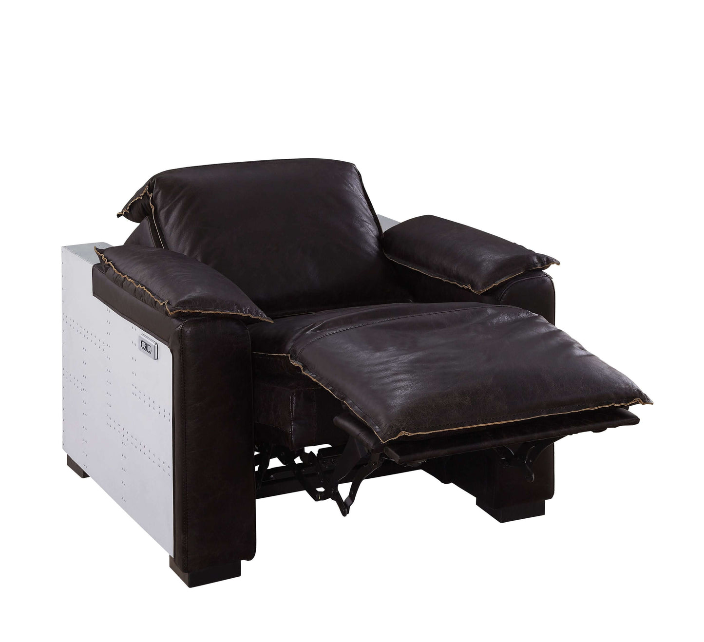 Misezon Top-Grain Leather Aluminum Power Recliner – Industrial Aviator Lounge Chair with rich brown leather and aluminum accents.