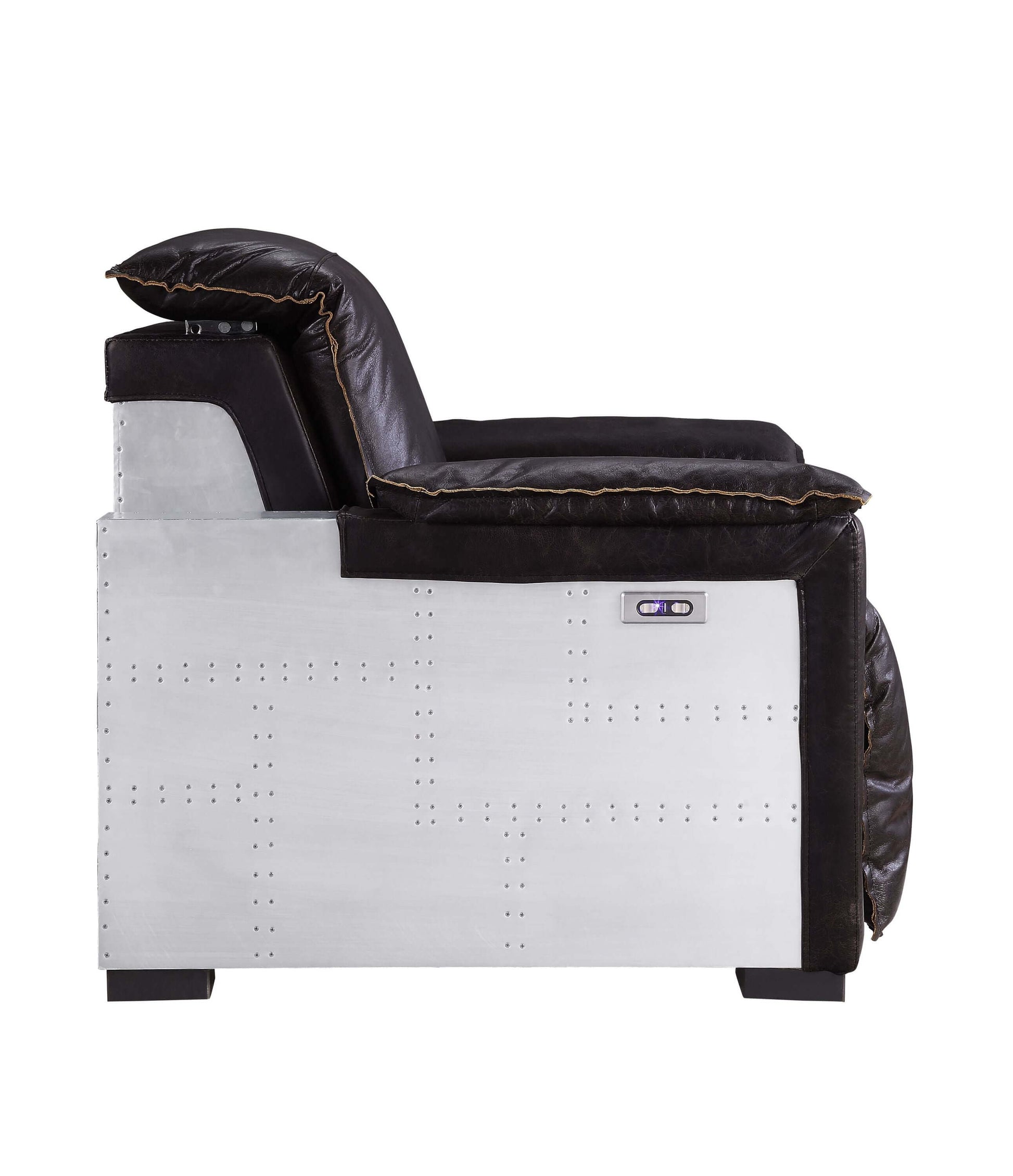 Misezon Top-Grain Leather Aluminum Power Recliner – Industrial Aviator Lounge Chair side view showcasing sleek design.