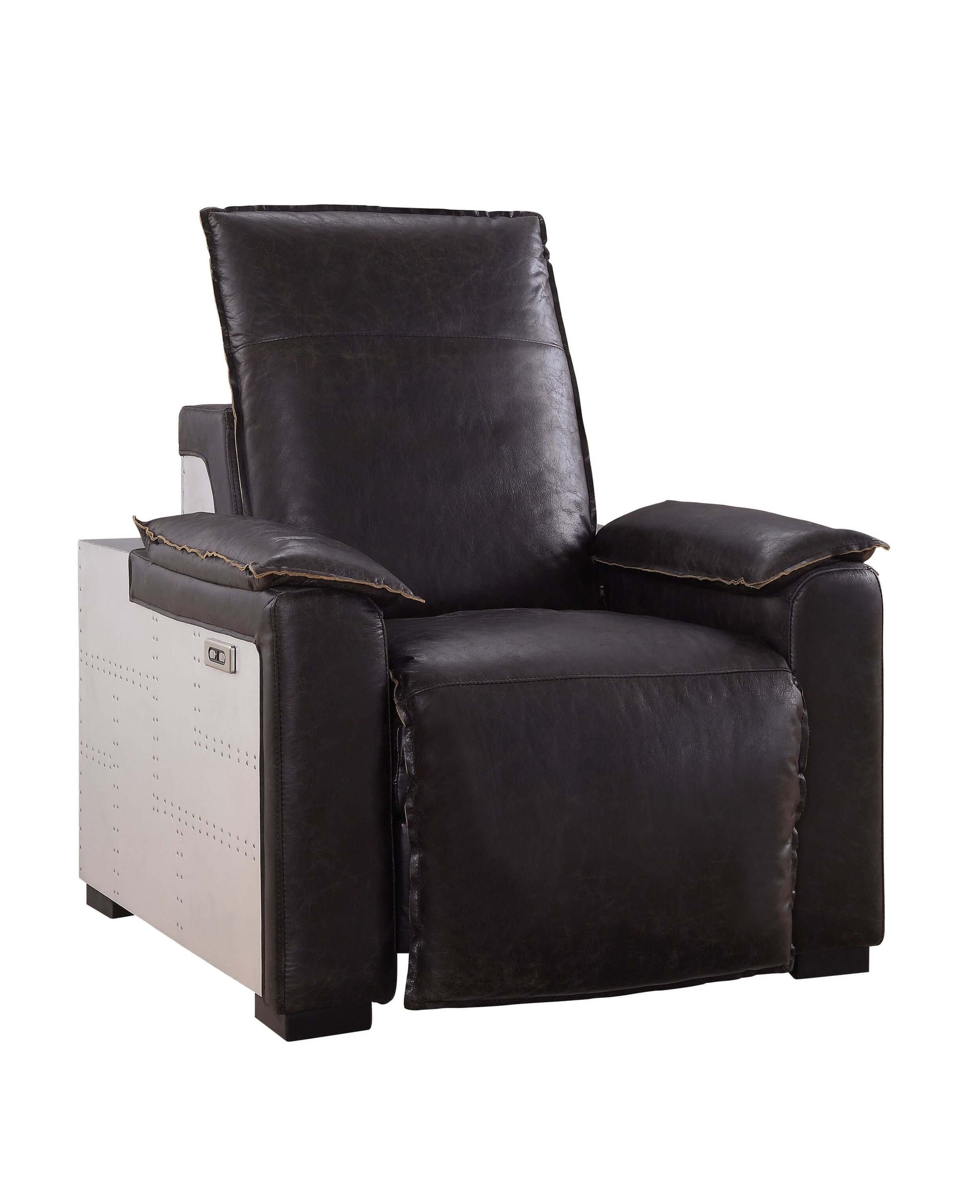 Misezon Top-Grain Leather Aluminum Power Recliner – Industrial Aviator Lounge Chair in rich brown leather and aluminum.