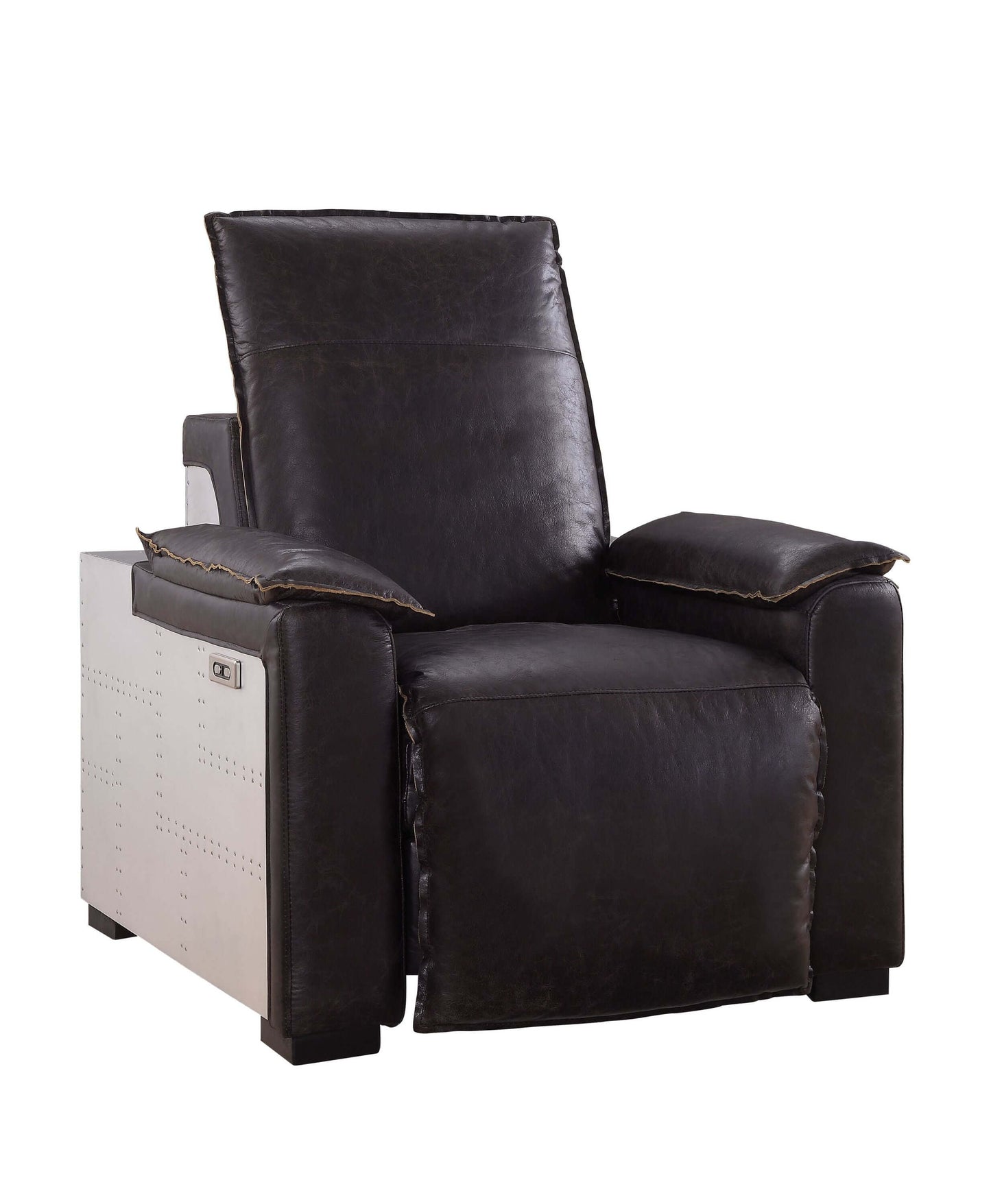 Misezon Top-Grain Leather Aluminum Power Recliner – Industrial Aviator Lounge Chair in rich brown leather and aluminum.