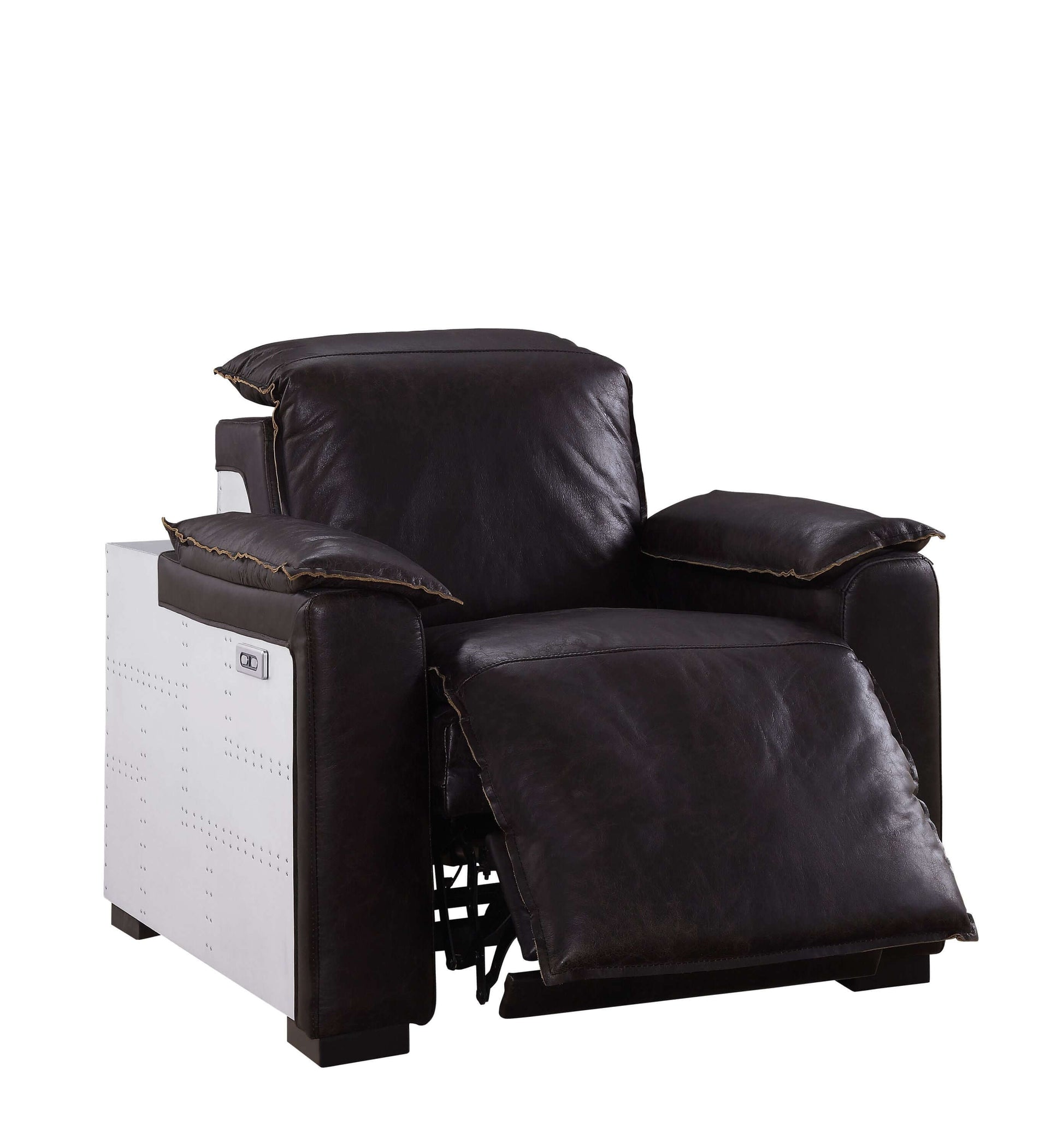 Misezon Top-Grain Leather Aluminum Power Recliner – Industrial Aviator Lounge Chair, brown leather and aluminum reclining chair.