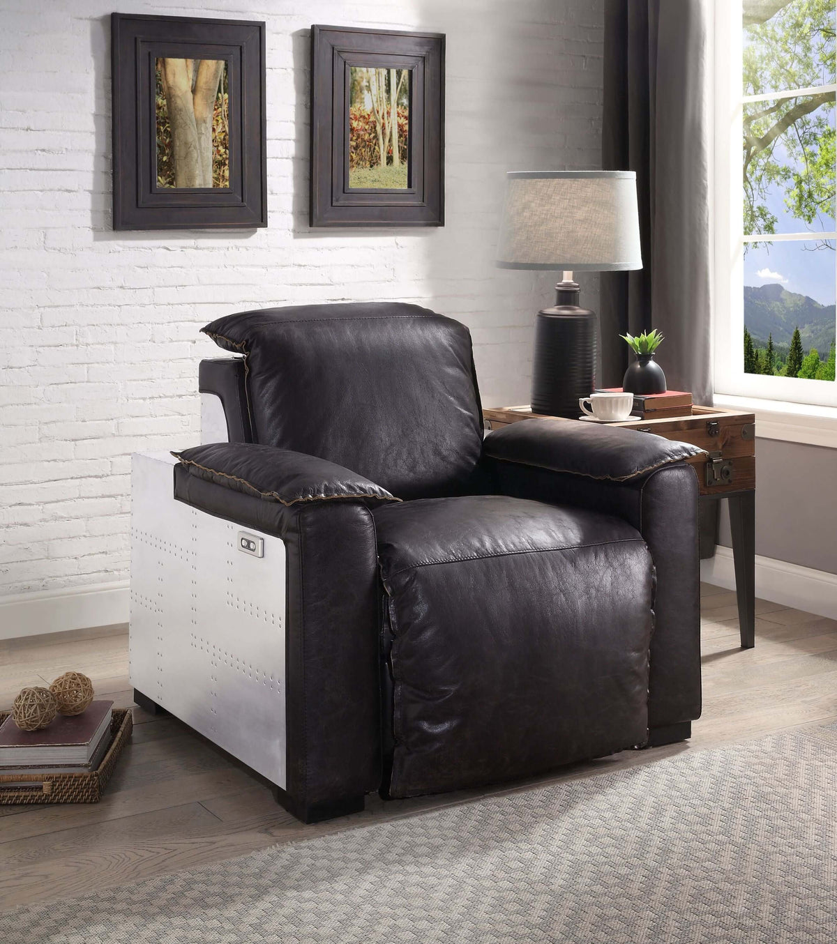 Misezon Top-Grain Leather Aluminum Power Recliner – Industrial Aviator Lounge Chair in modern living room setting.