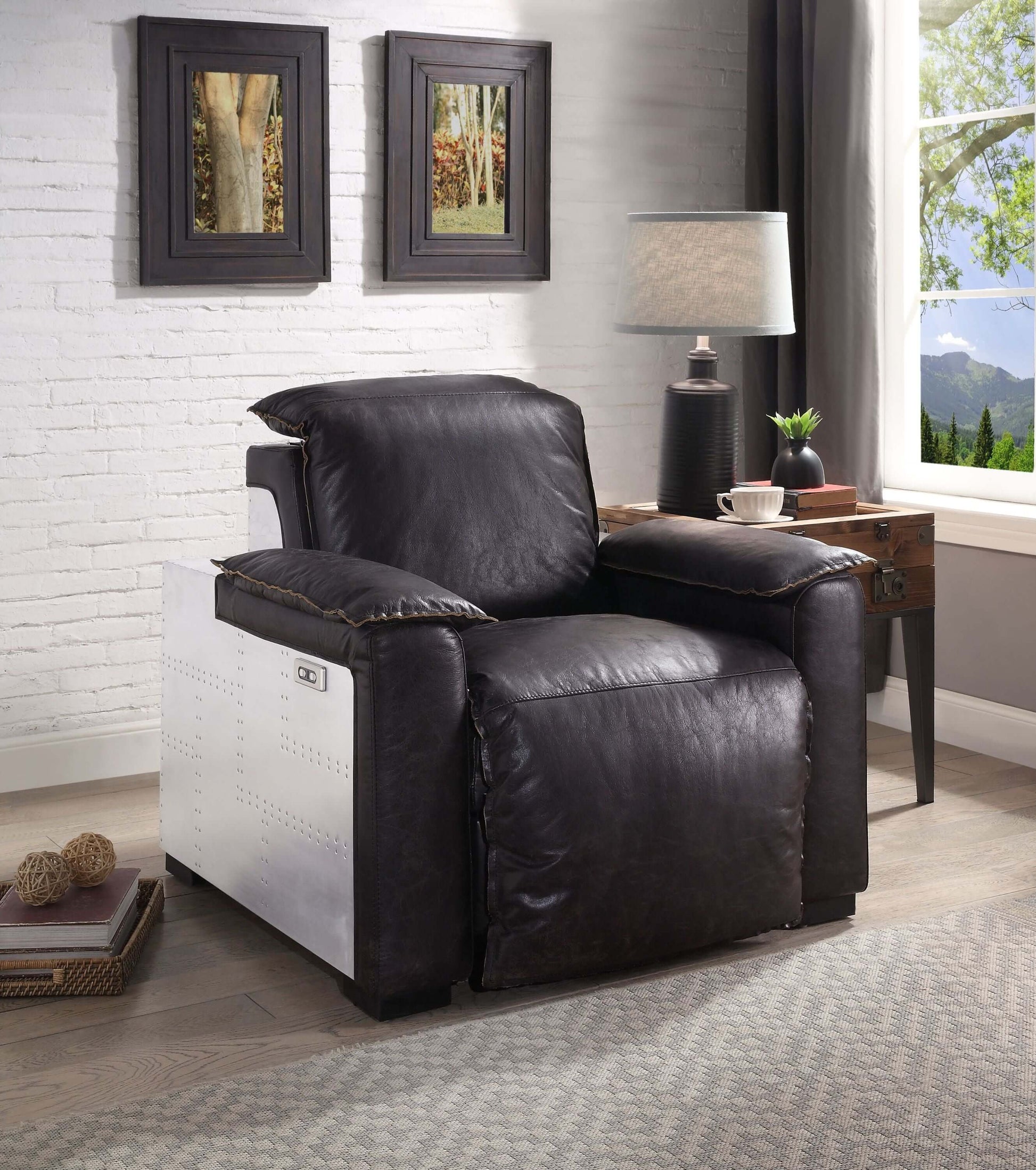 Misezon Top-Grain Leather Aluminum Power Recliner – Industrial Aviator Lounge Chair in modern living room setting.